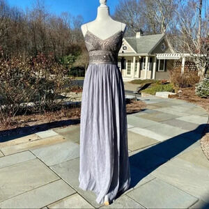 NWT Adrianna Papell Aida Beaded Formal Maxi Dress in Silver Gray Size 14